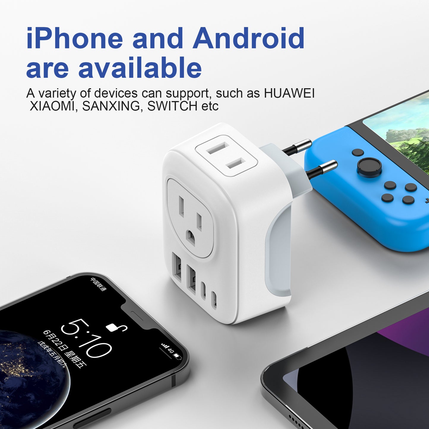 VCOM Travel Adapter Pro - 6-in-1 Compact Wall Charger (2 USB-A + 2 USB-C) w/ Safety Case
