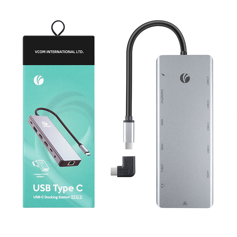 VCOM 13-in-1 USB-C Docking Station Dual HDMI 4K – Type-C Hub with DisplayPort, Gigabit Ethernet, 100W PD Charging, SD/TF Card Reader, USB 3.0 Ports