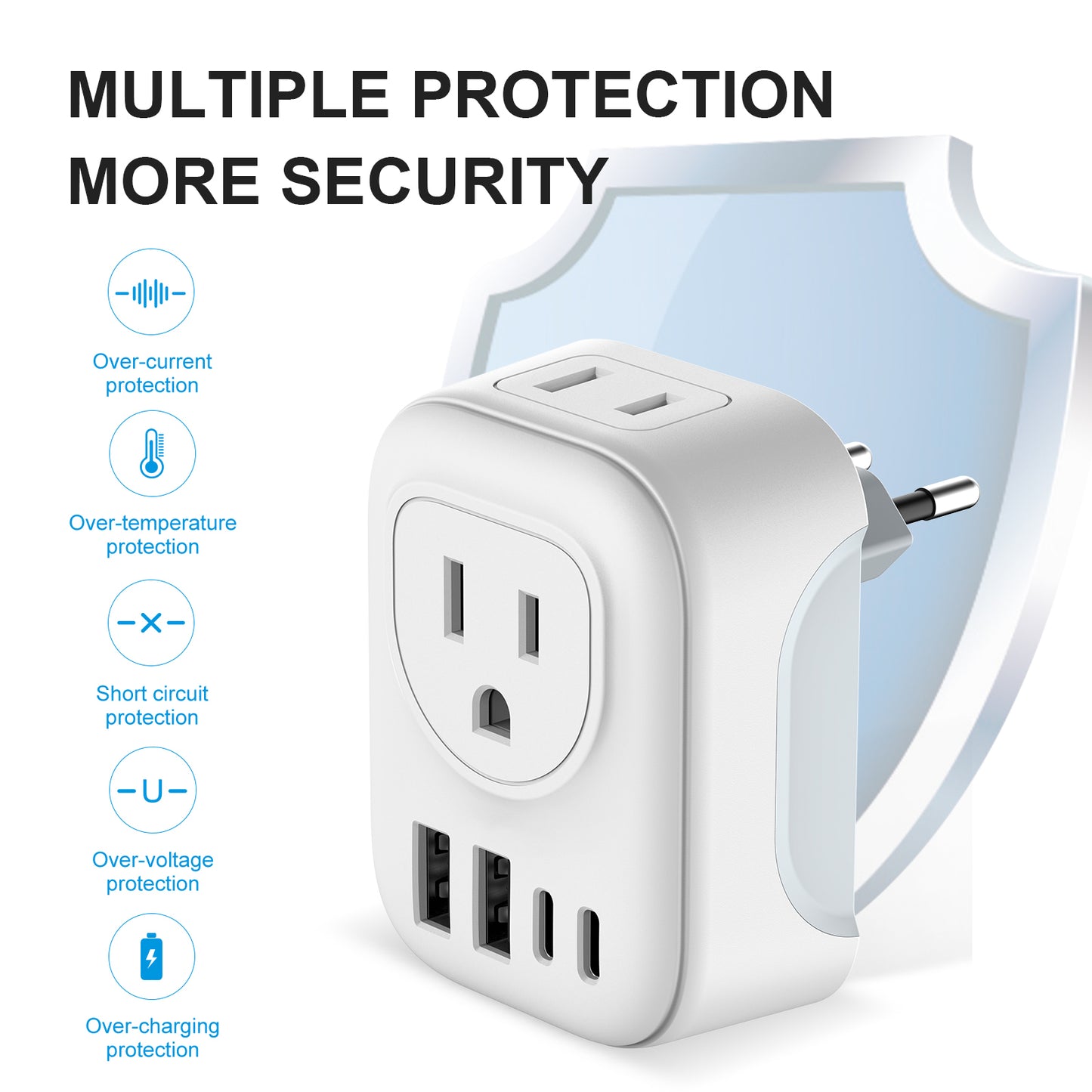 VCOM Travel Adapter Pro - 6-in-1 Compact Wall Charger (2 USB-A + 2 USB-C) w/ Safety Case