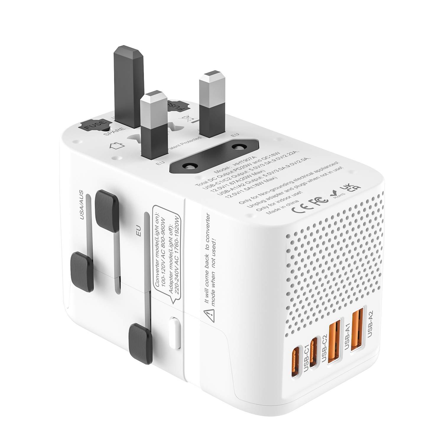 VCOM Dual Mode Travel Adapter with USB Fast Charging – For 100–240V Dual Voltage Devices