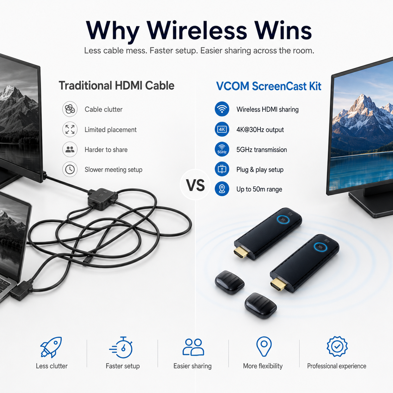VCOM 4K Wireless ScreenCast HDMI Display Kit (5GHz, Plug & Play)