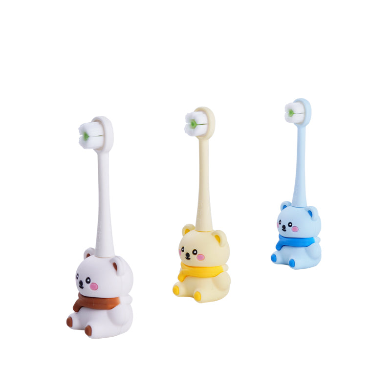 VCOM Bear-Base Toddler Toothbrush – Ultra-Fine Antibacterial Bristles, Rounded Handle, Fun Bear Suction Cup (4 Pack)