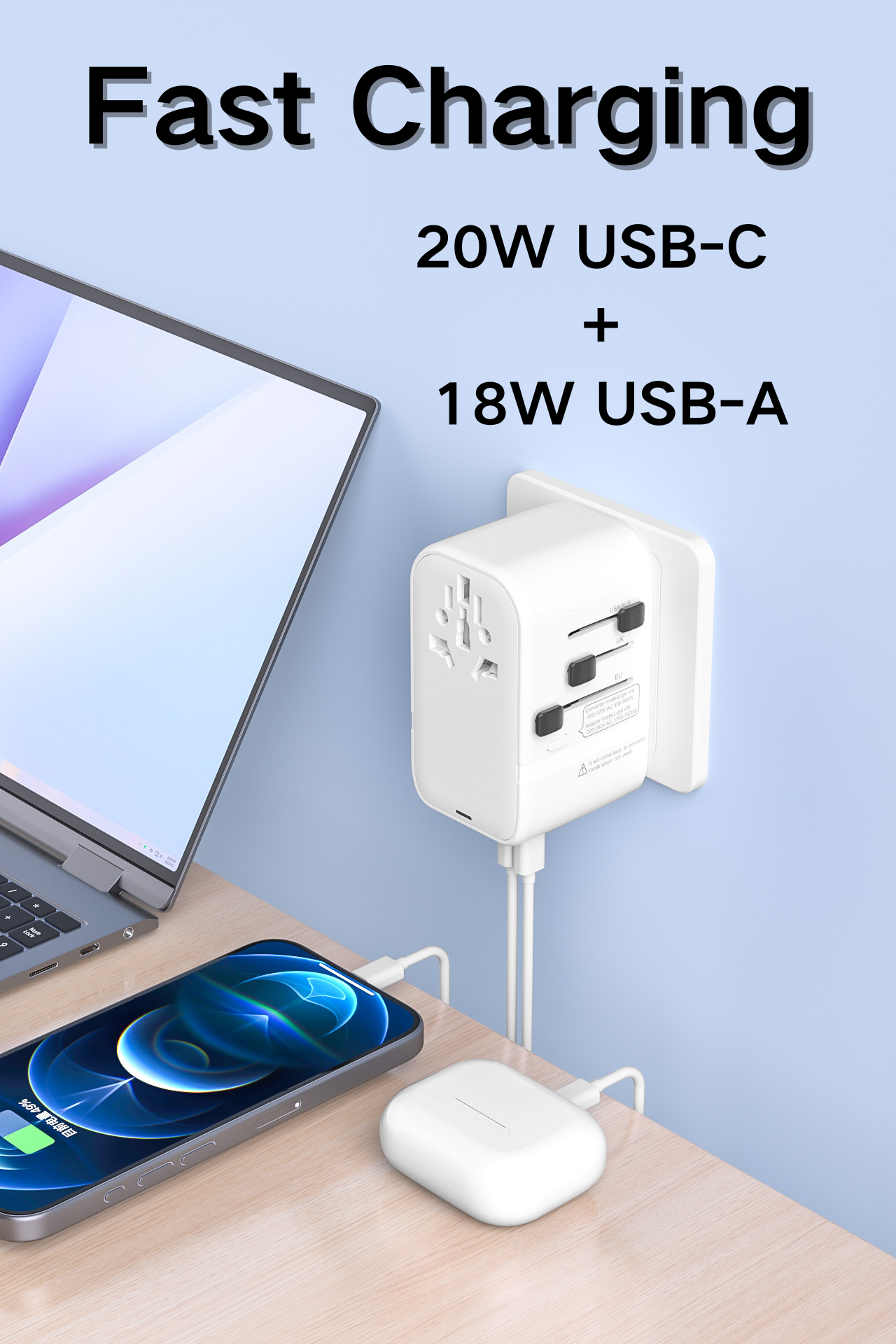 VCOM Dual Mode Travel Adapter with USB Fast Charging – For 100–240V Dual Voltage Devices