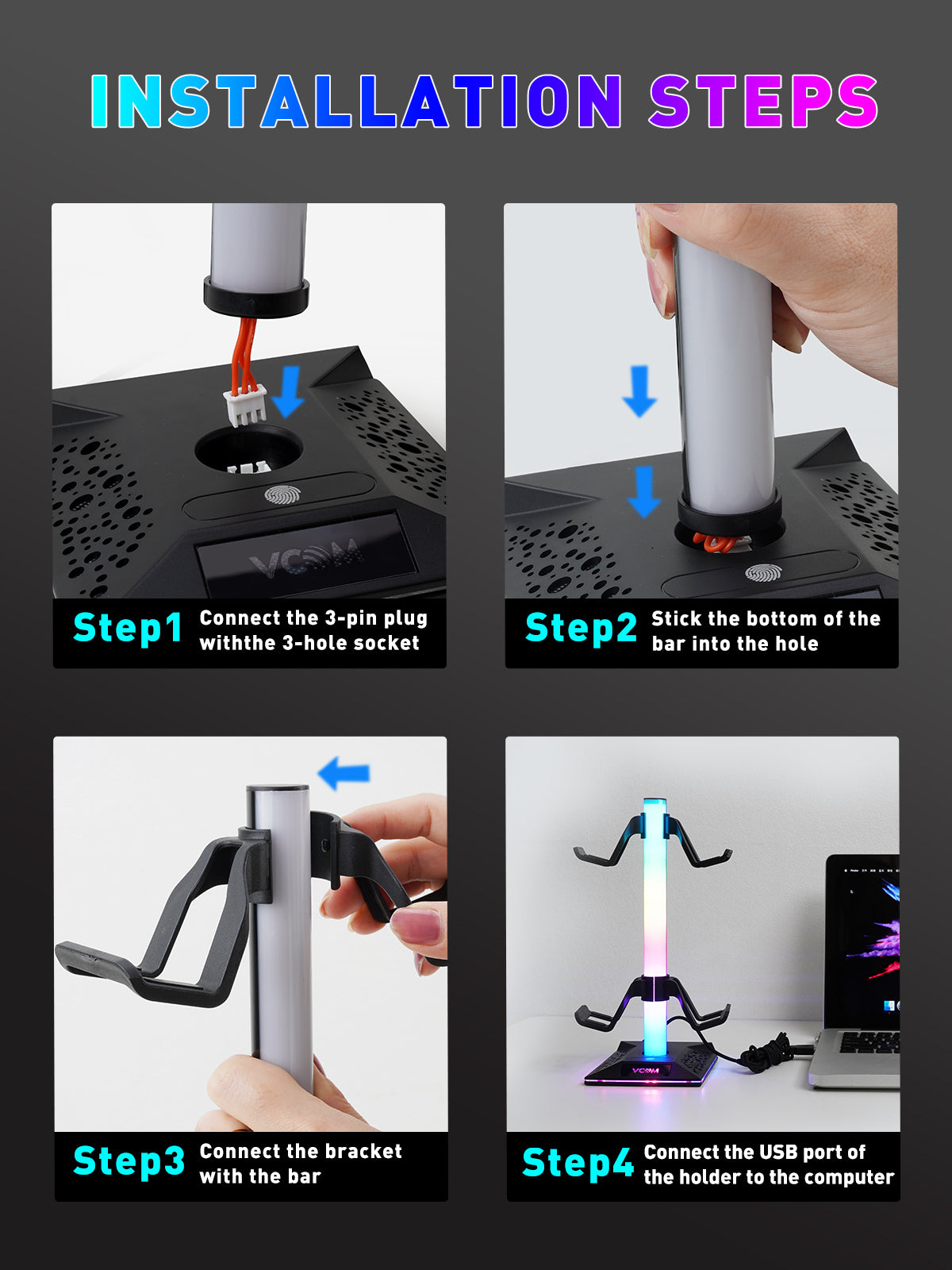 Soporte para auriculares VCOM RGB para juegos con puertos USB (10 modos de iluminación)