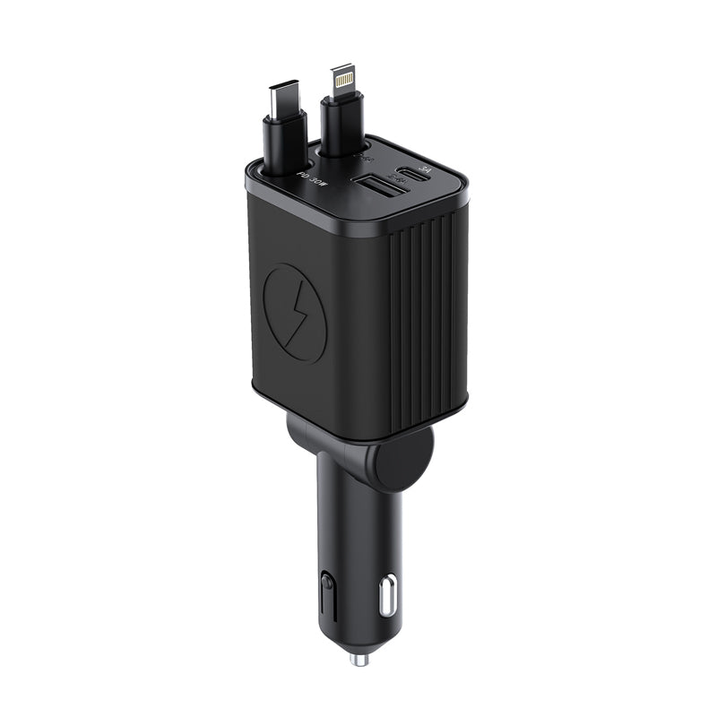 VCOM 50W Retractable Car Charger – USB-C PD 30W Fast Charging with Built-In USB-C & Lightning Retractable Cables, USB-A & USB-C Ports for iPhone, Android, and Car Devices