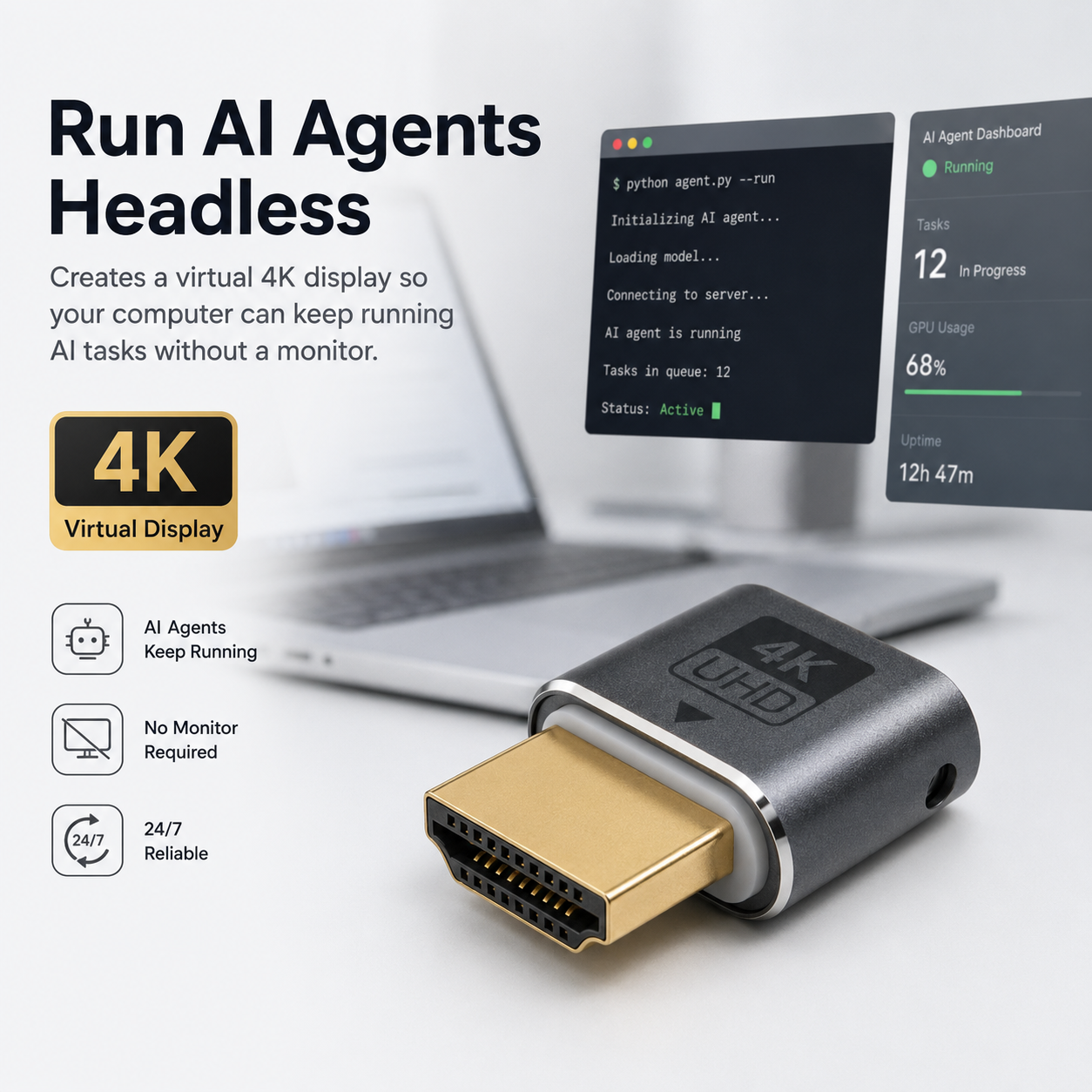 VCOM HDMI Dummy Plug 4K@60Hz – Virtual Display Emulator for AI Agents, macOS Closed-Lid Mode