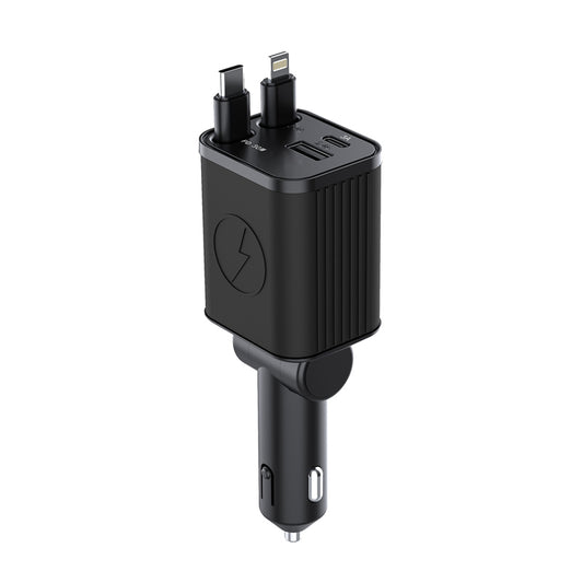 VCOM 50W Retractable Car Charger – USB-C PD 30W Fast Charging with Built-In USB-C & Lightning Retractable Cables, USB-A & USB-C Ports for iPhone, Android, and Car Devices
