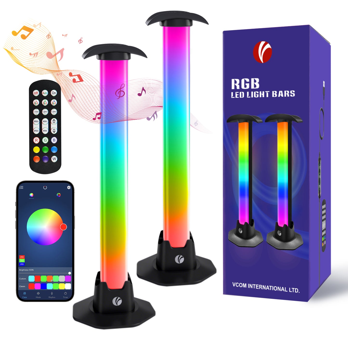 VCOM RGB Ambient Light Bar – Dynamic LED Mood Lamp with Sound Sync, Remote & Inline