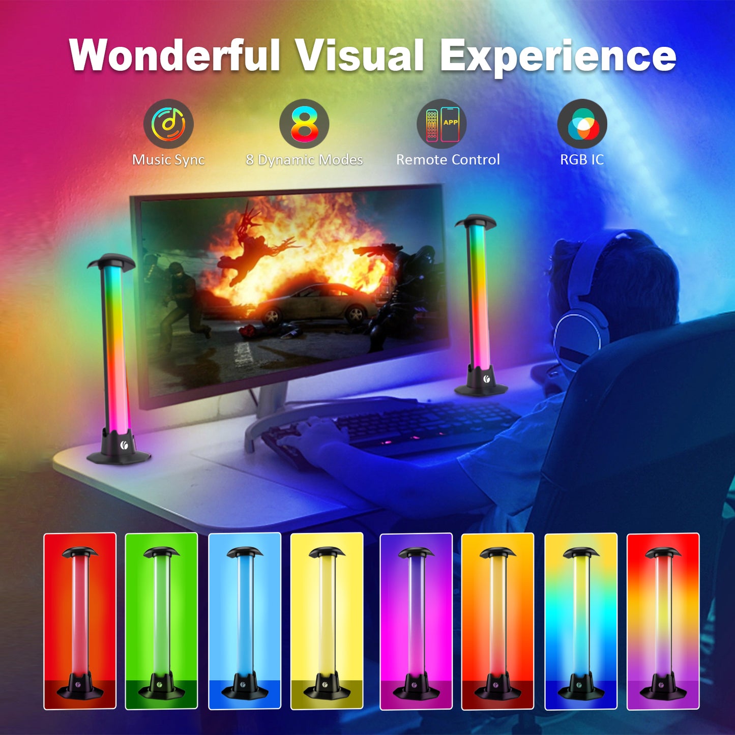 VCOM RGB Ambient Light Bar – Dynamic LED Mood Lamp with Sound Sync, Remote & Inline